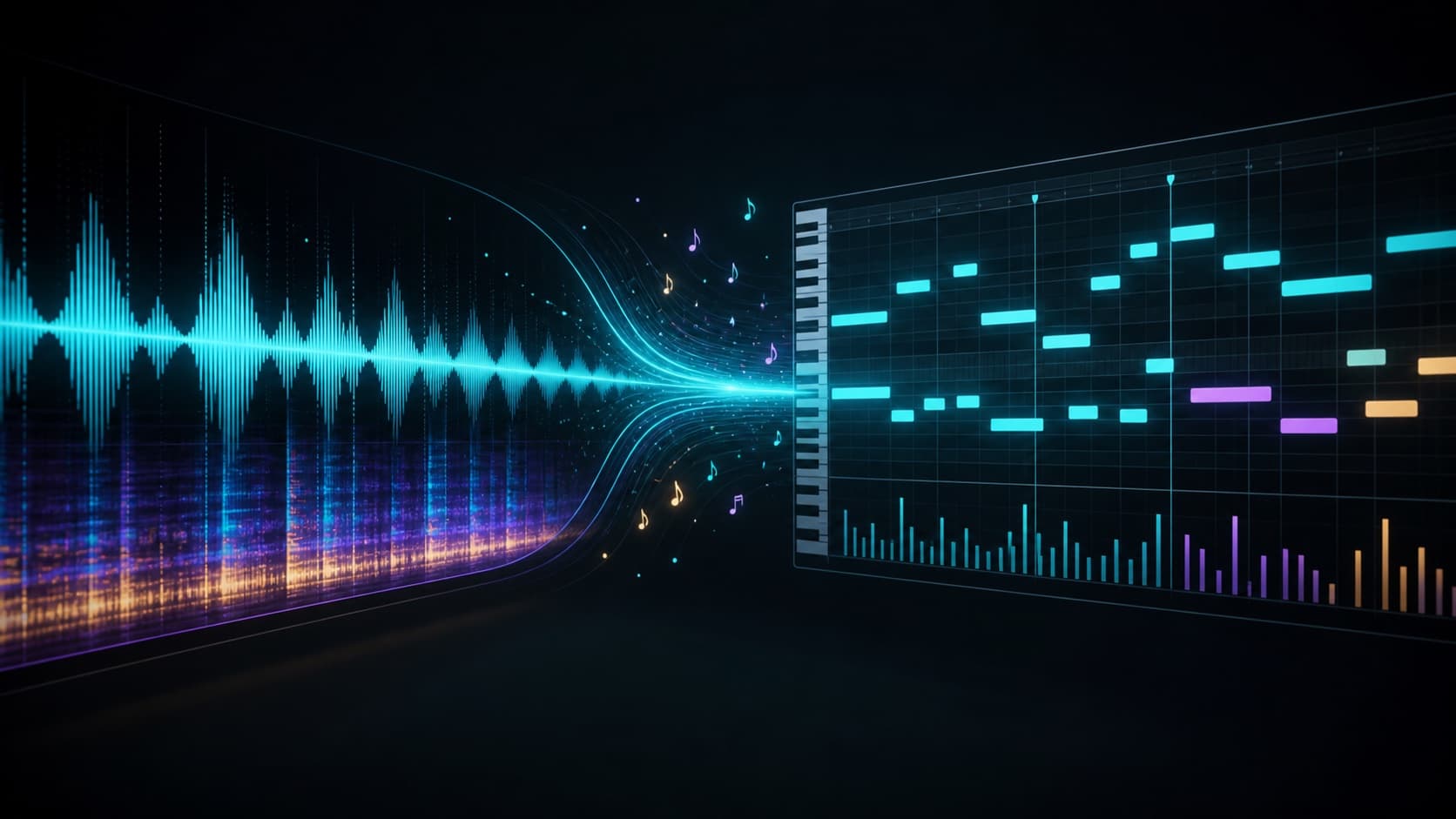 Audio waveform converting into editable MIDI notes